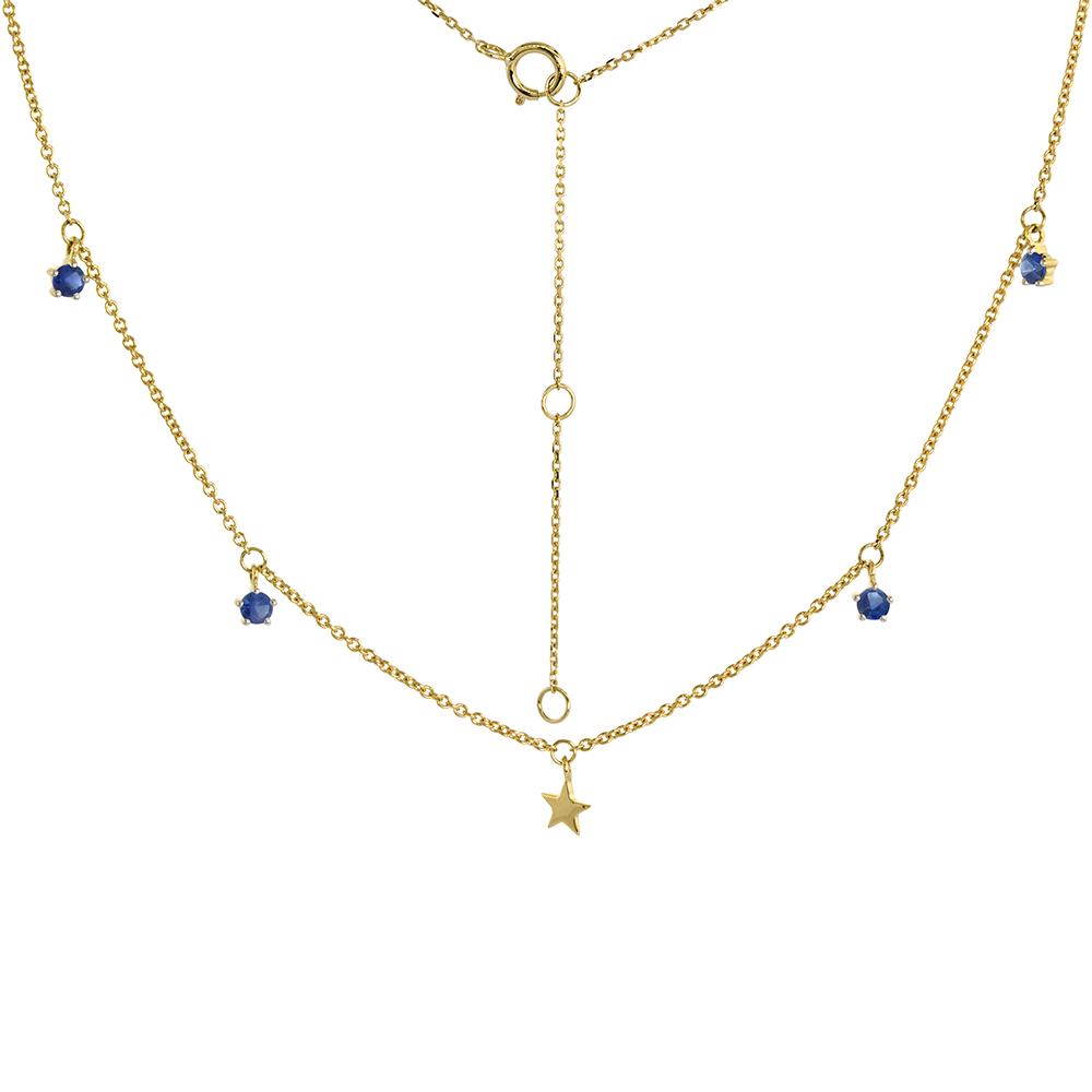 Dainty 14k Yellow Gold Dangling Star Necklace Genuine Blue Sapphire 16-18 inch
