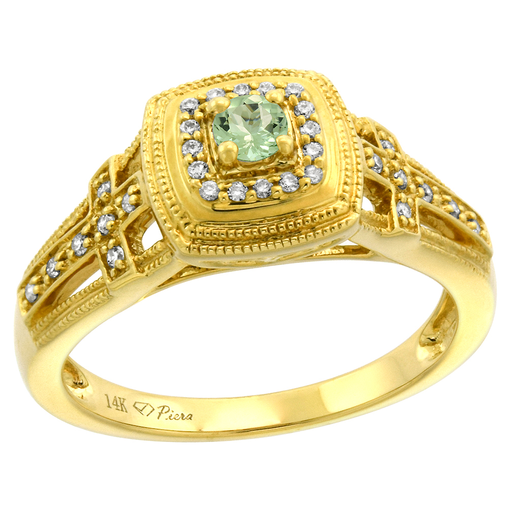 14k Yellow Gold Genuine Diamond & Green Amethyst Engagement Ring Round Brilliant cut 3mm, size 5-10