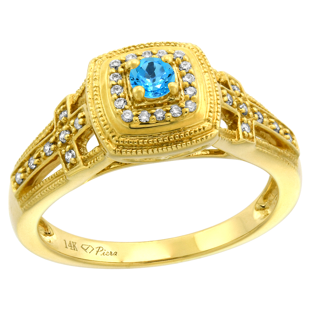 14k Yellow Gold Genuine Diamond & Swiss Blue Topaz Engagement Ring Round Brilliant cut 3mm, size 5-10