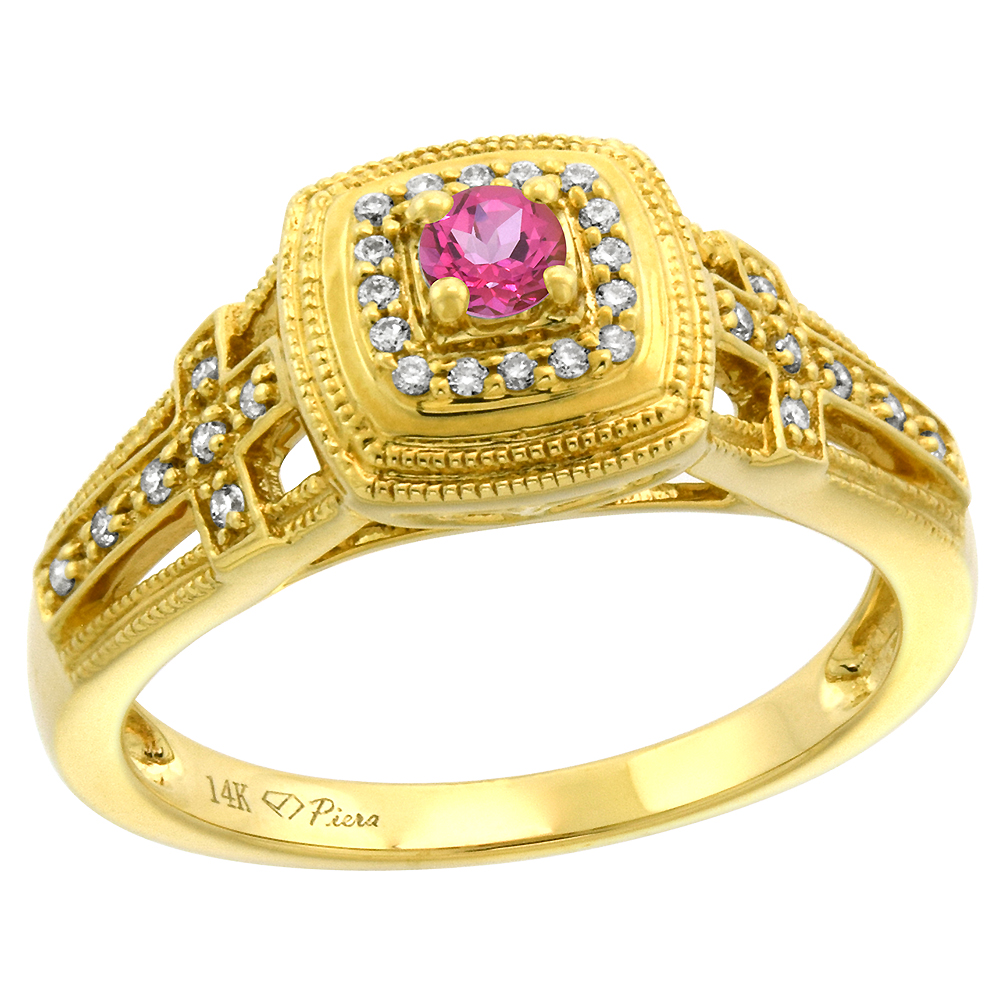 14k Yellow Gold Genuine Diamond & Pink Topaz Engagement Ring Round Brilliant cut 3mm, size 5-10