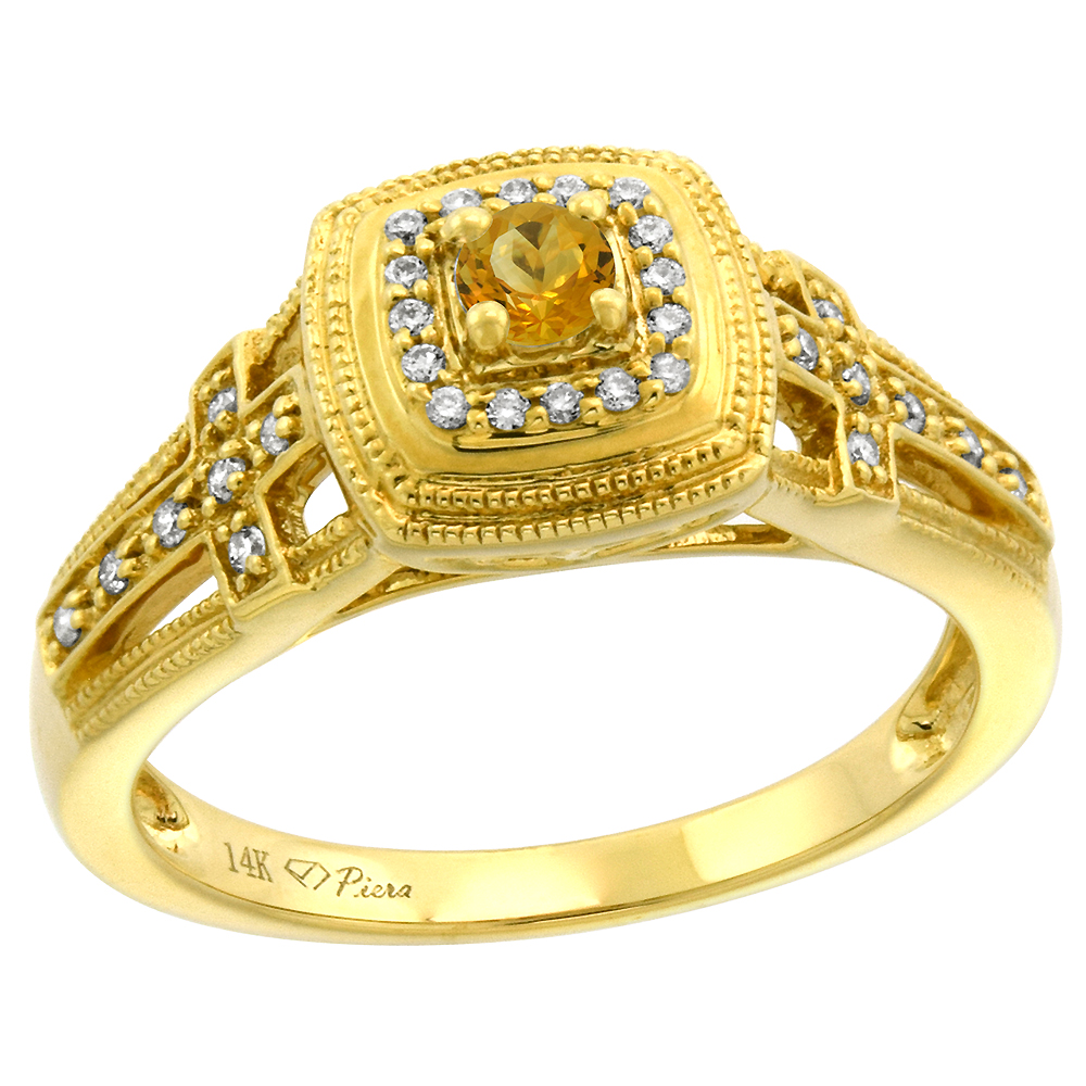14k Yellow Gold Genuine Diamond & Citrine Engagement Ring Round Brilliant cut 3mm, size 5-10