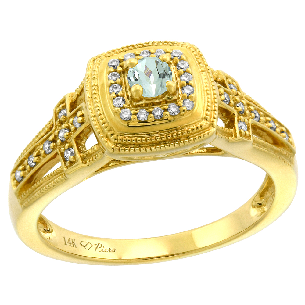 14k Yellow Gold Genuine Diamond & Aquamarine Engagement Ring Round Brilliant cut 3mm, size 5-10