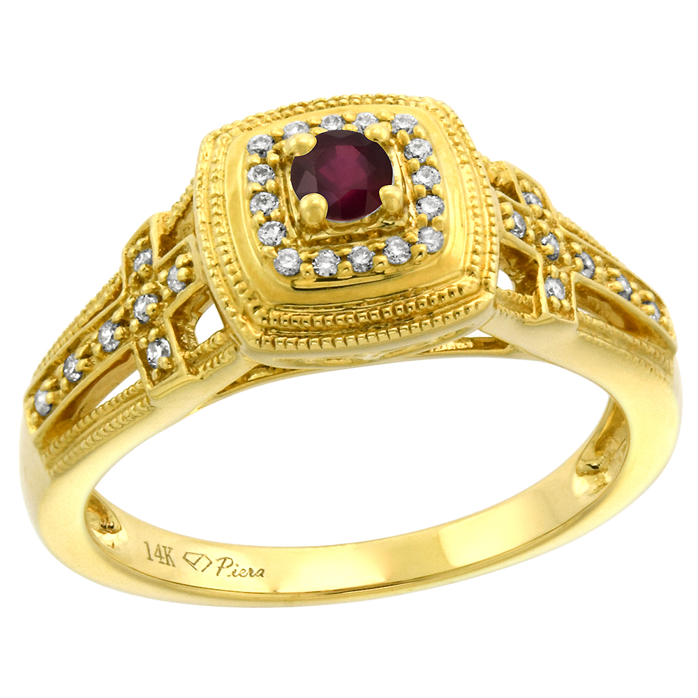 14k Yellow Gold Genuine Diamond & Enhanced Genuine Ruby Engagement Ring Round Brilliant cut 3mm, size 5-10