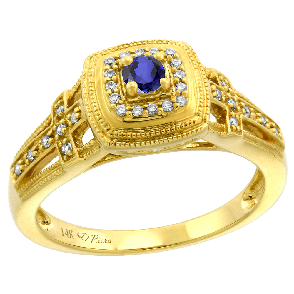 14k Yellow Gold Genuine Diamond & Tanzanite Engagement Ring Round Brilliant cut 3mm, size 5-10