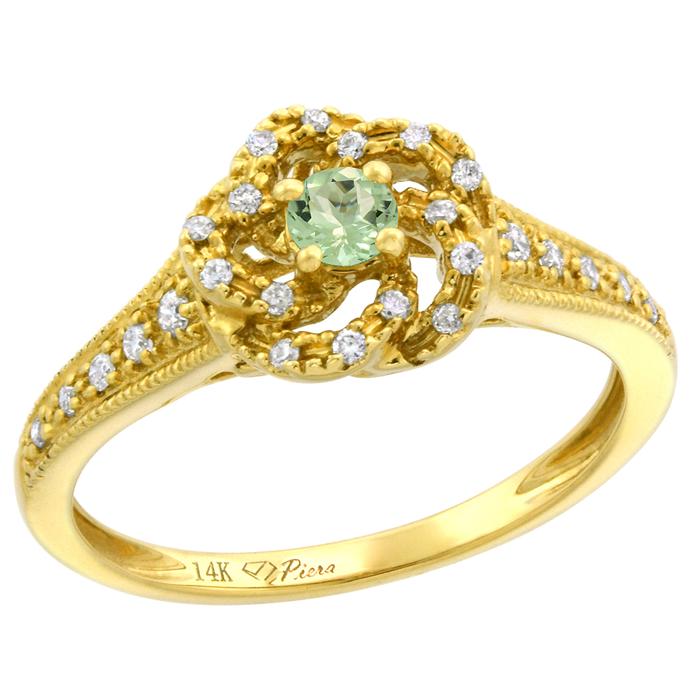 14k Yellow Gold Diamond Genuine Green Amethyst Swirl Engagement Ring Round Brilliant cut 3mm, size 5-10