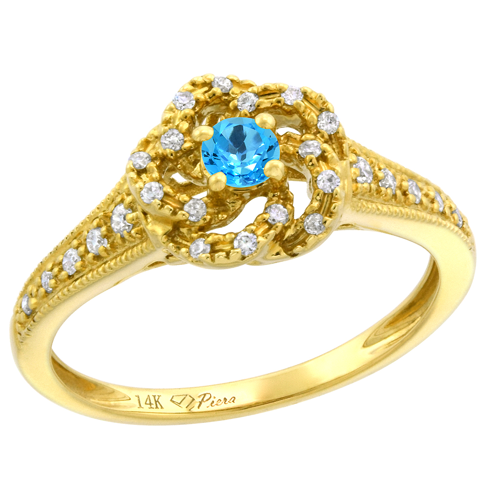 14k Yellow Gold Diamond Genuine Swiss Blue Topaz Swirl Engagement Ring Round Brilliant cut 3mm, size 5 -10