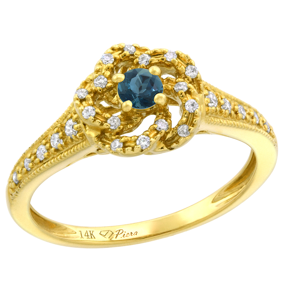 14k Yellow Gold Diamond Genuine London Blue Topaz Swirl Engagement Ring Round Brilliant cut 3mm, size 5-10