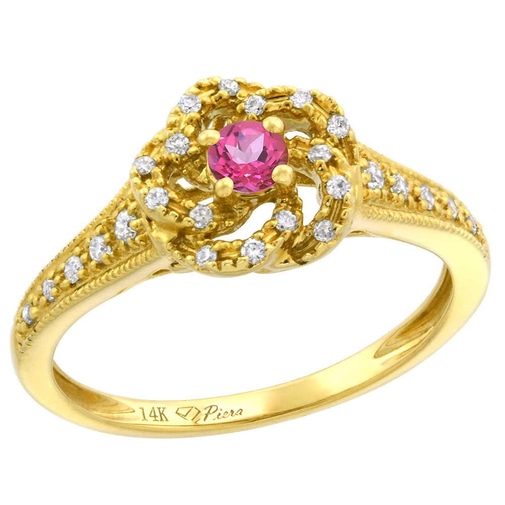 14k Yellow Gold Diamond Genuine Pink Topaz Swirl Engagement Ring Round Brilliant cut 3mm, size 5-10