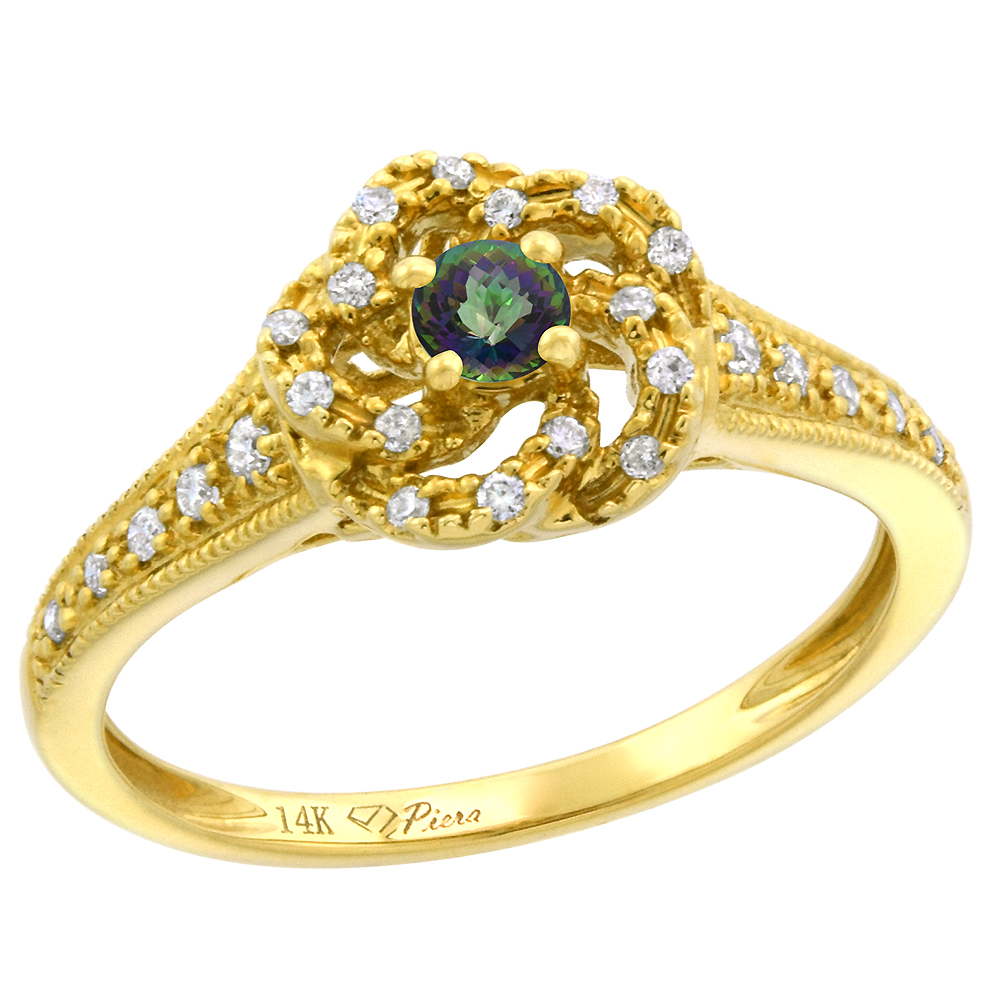 14k Yellow Gold Diamond Genuine Mystic Topaz Swirl Engagement Ring Round Brilliant cut 3mm, size 5-10