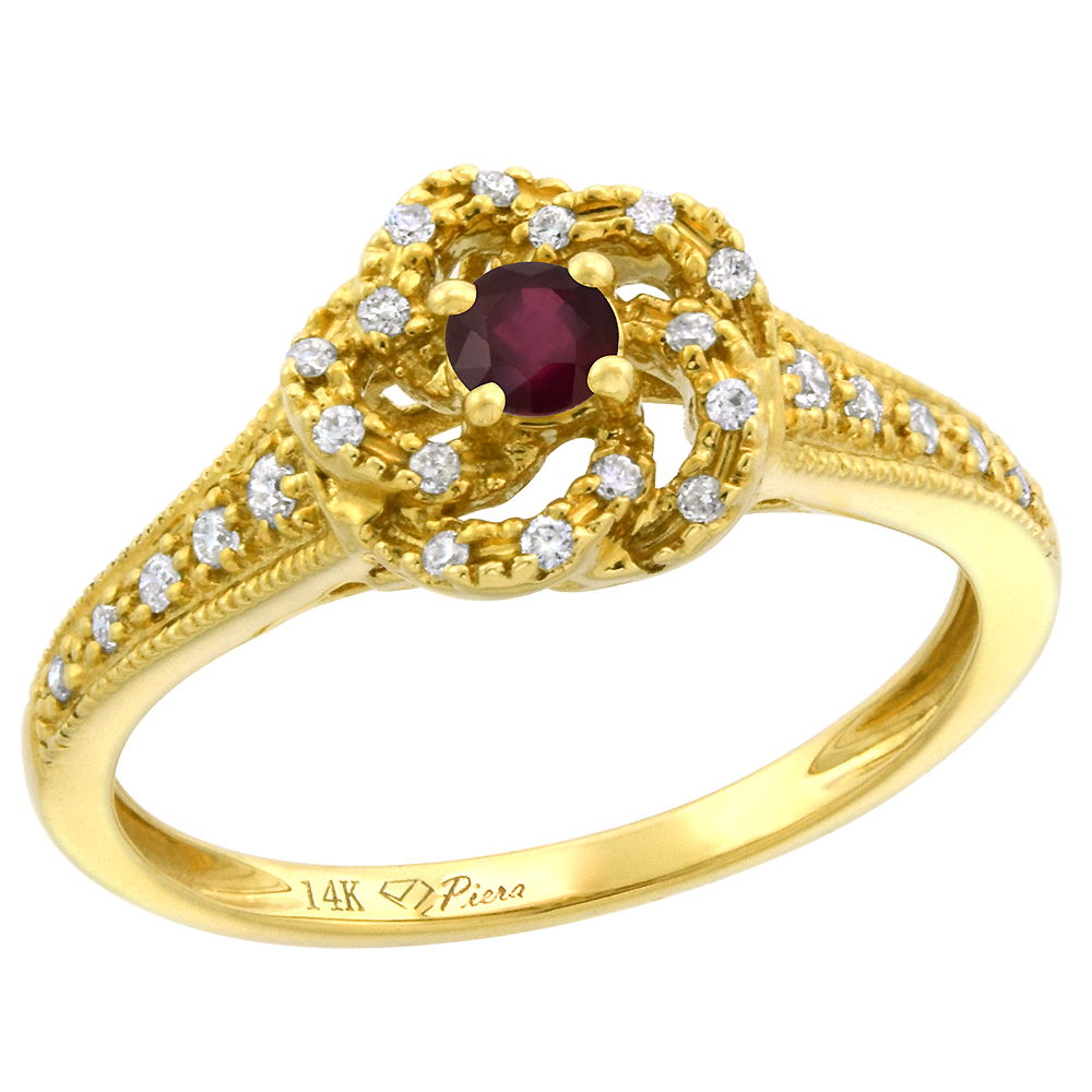 14k Yellow Gold Diamond Enhanced Genuine Ruby Swirl Engagement Ring Round Brilliant cut 3mm, size 5-10