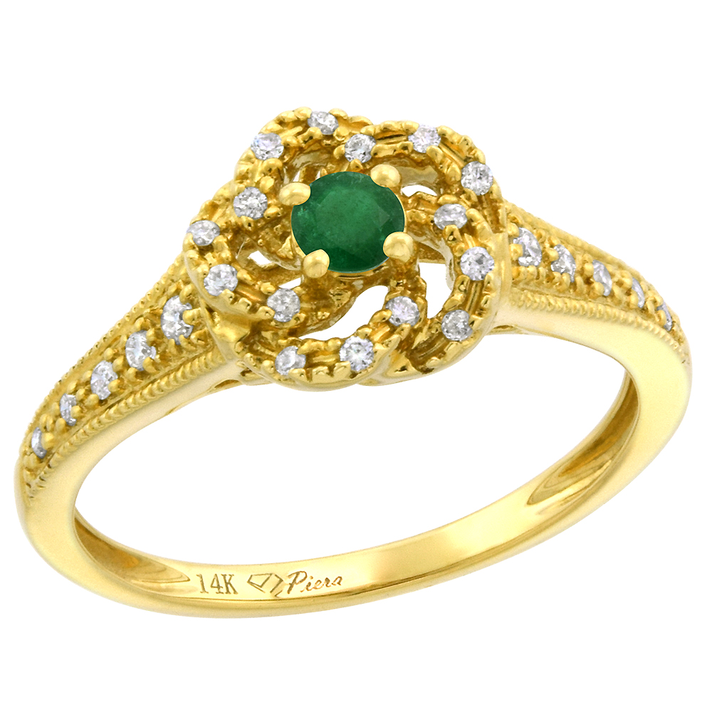 14k Yellow Gold Diamond Genuine Emerald Swirl Engagement Ring Round Brilliant cut 3mm, size 5-10