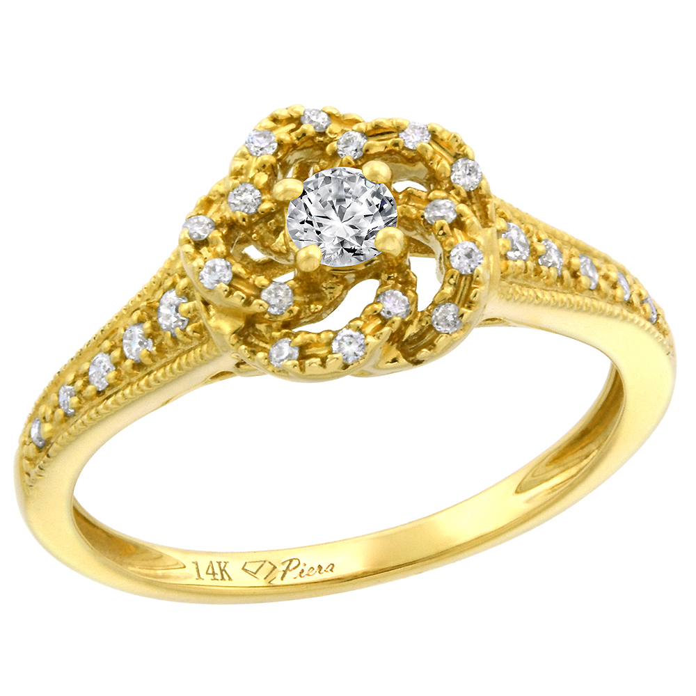 14k Yellow Gold Genuine Diamond Swirl Engagement Ring 0.36 cttw Round Brilliant cut 3mm, size 5-10