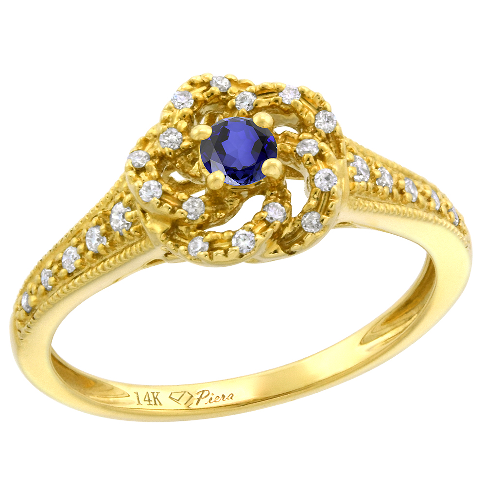 14k Yellow Gold Diamond Genuine Tanzanite Swirl Engagement Ring Round Brilliant cut 3mm, size 5-10