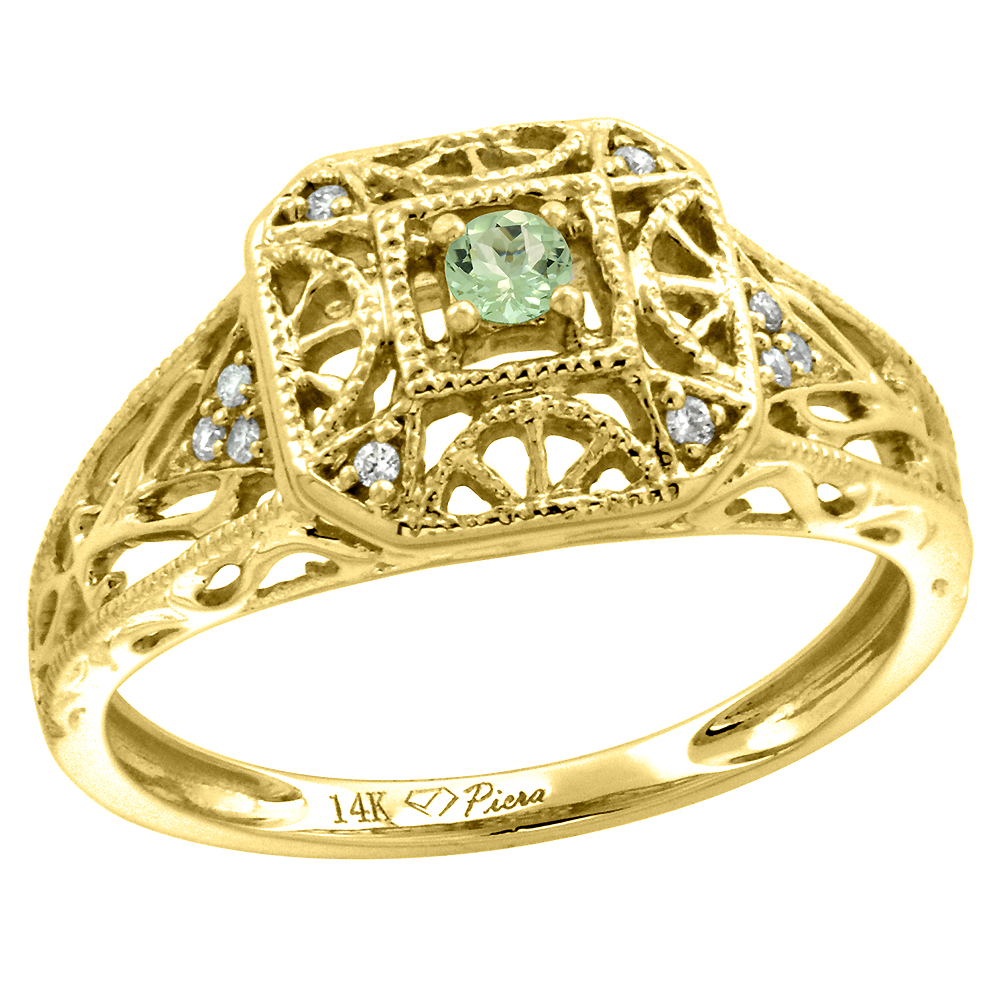 14k Yellow Gold Diamond Genuine Green Amethyst Engagement Ring Filigree Round Brilliant cut 3mm, size 5-10
