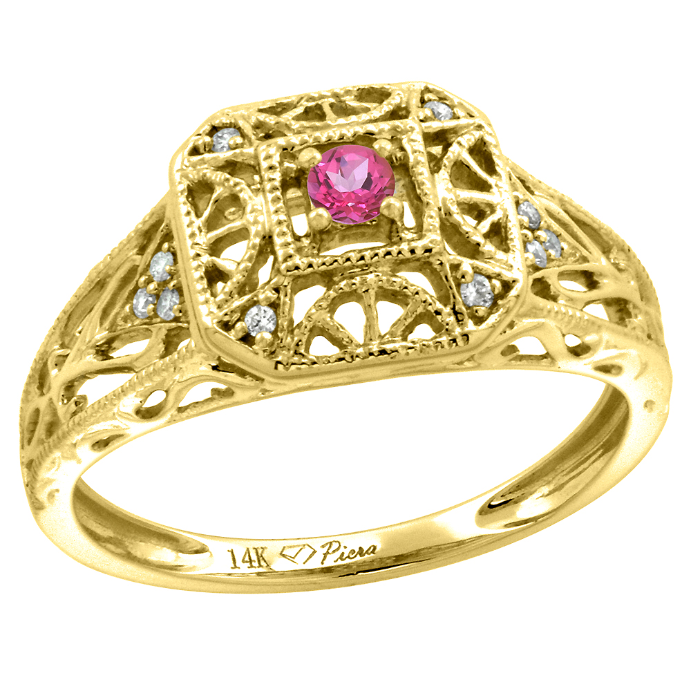 14k Yellow Gold Diamond Genuine Pink Topaz Engagement Ring Filigree Round Brilliant cut 3mm, size 5-10