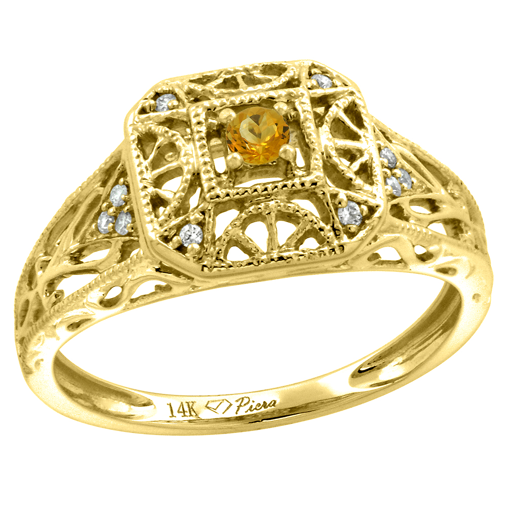 14k Yellow Gold Diamond Genuine Citrine Engagement Ring Filigree Round Brilliant cut 3mm, size 5-10