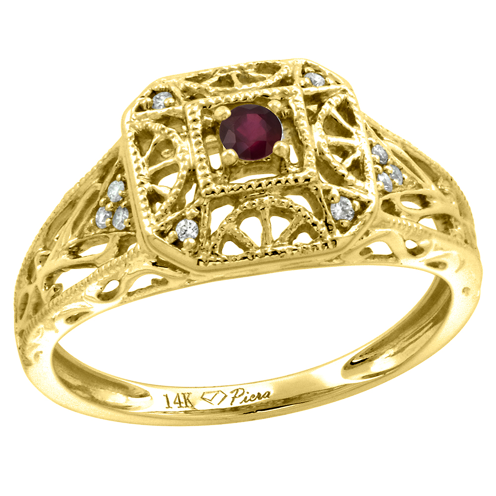 14k Yellow Gold Diamond Enhanced Genuine Ruby Engagement Ring Filigree Round Brilliant cut 3mm, size 5-10