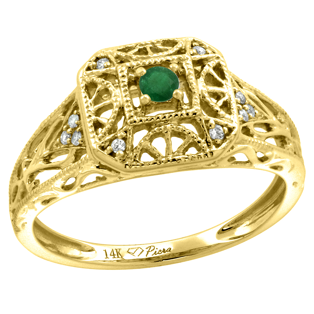14k Yellow Gold Diamond Genuine Emerald Engagement Ring Filigree Round Brilliant cut 3mm, size 5-10