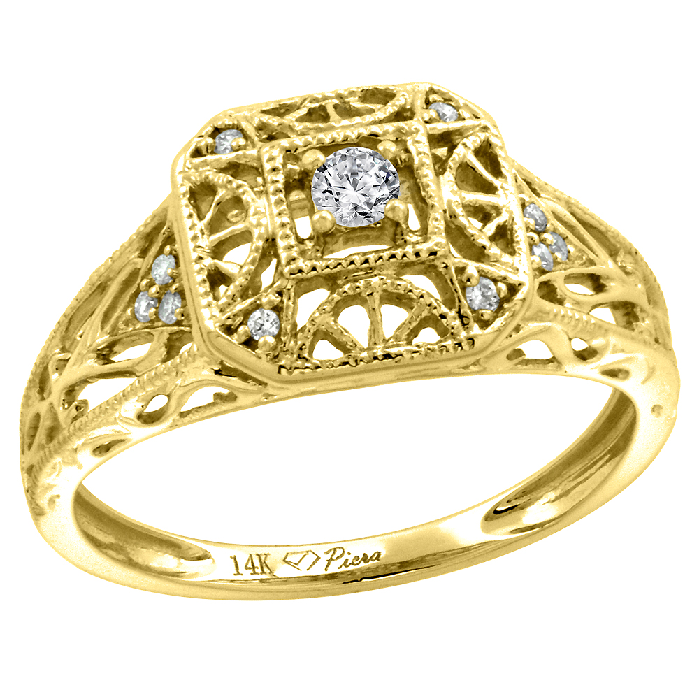 14k Yellow Gold Genuine Diamond Engagement Ring Filigree 0.11 cttw Round Brilliant cut 2.5mm, size 5-10