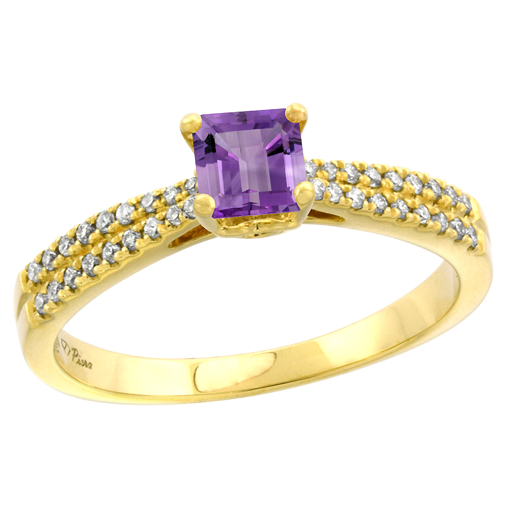14k Yellow Gold Diamond Genuine Amethyst Engagement Ring Princess cut 5x5mm, size 5-10