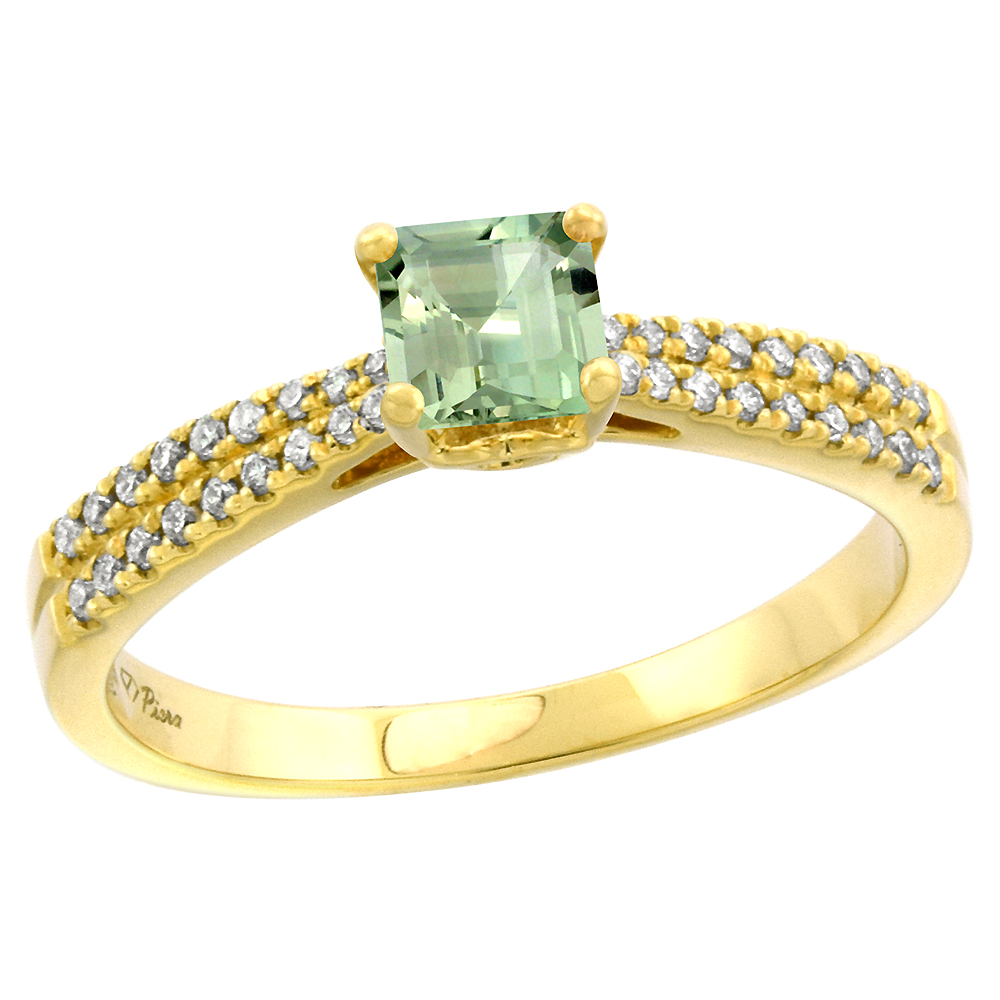 14k Yellow Gold Diamond Genuine Green Amethyst Engagement Ring Princess cut 5x5mm, size 5-10