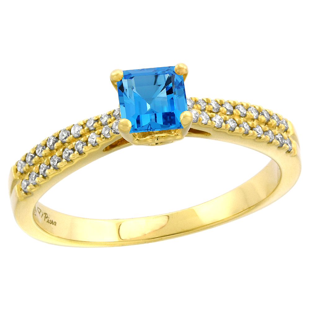 14k Yellow Gold Diamond Genuine Swiss Blue Topaz Engagement Ring Princess cut 5x5mm, size 5-10