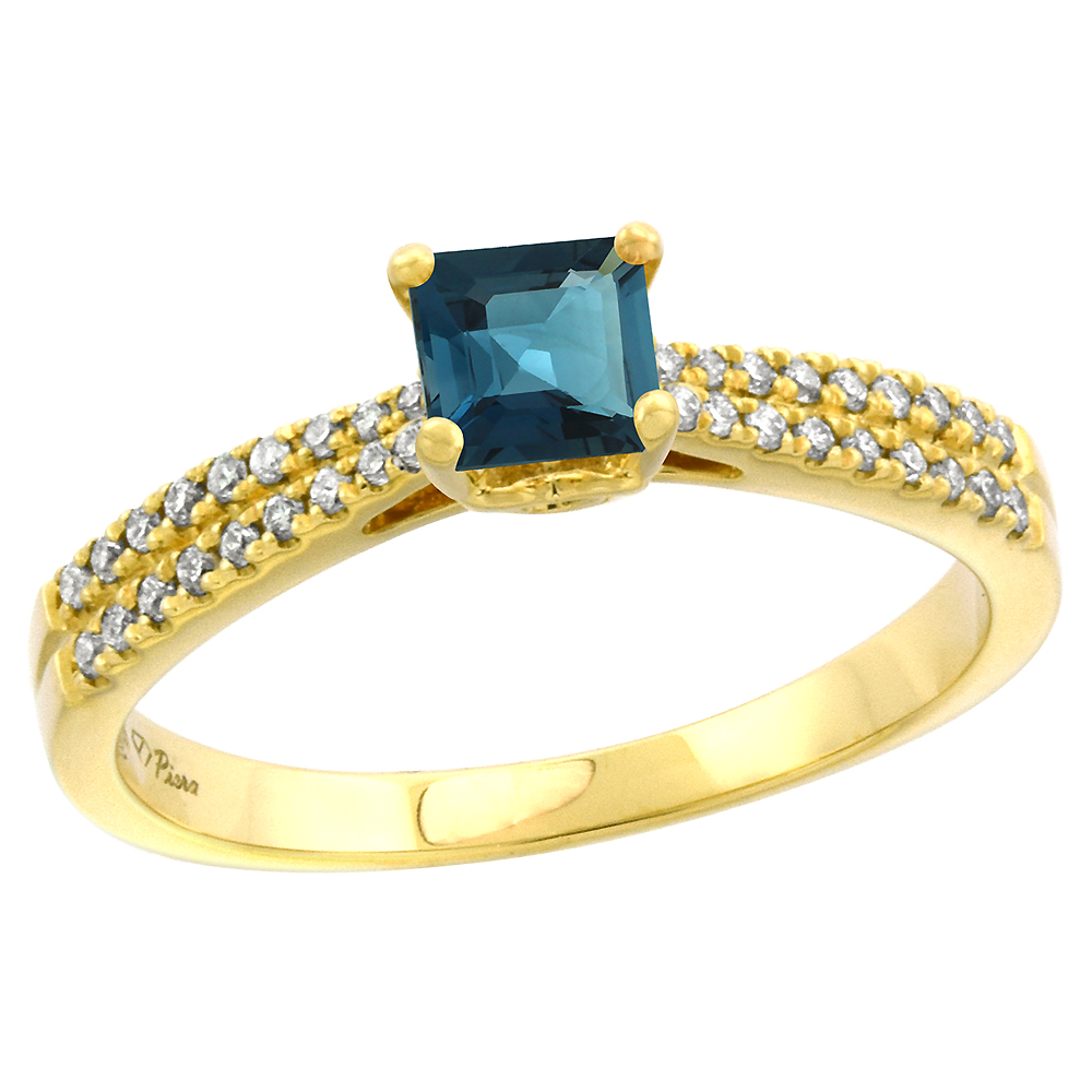 14k Yellow Gold Diamond Genuine London Blue Topaz Engagement Ring Princess cut 5x5mm, size 5-10