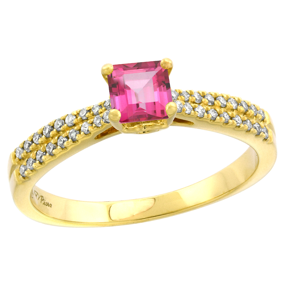 14k Yellow Gold Diamond Genuine Pink Topaz Engagement Ring Princess cut 5x5mm, size 5-10
