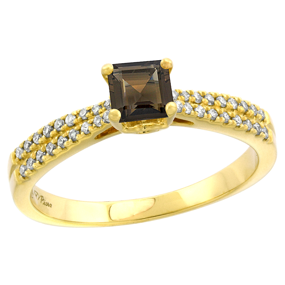 14k Yellow Gold Diamond Genuine Smoky Topaz Engagement Ring Princess cut 5x5mm, size 5-10