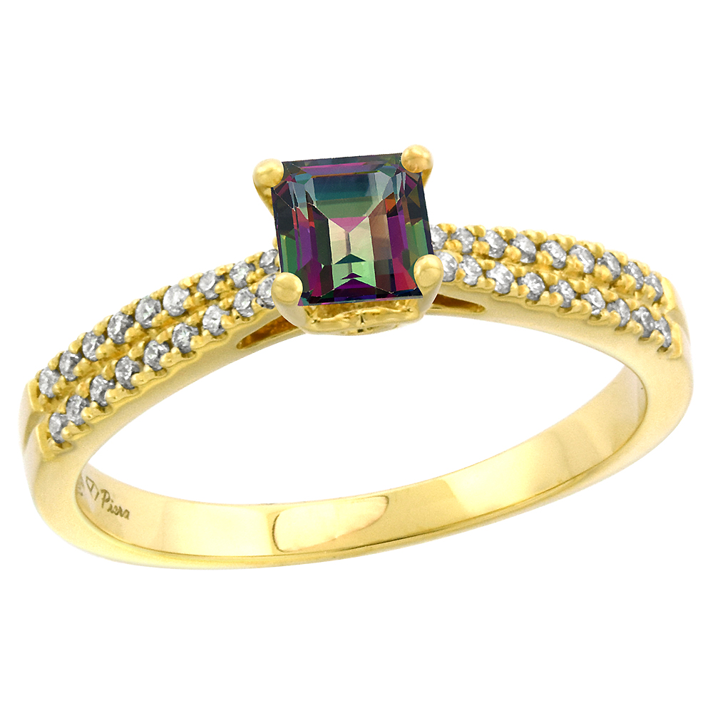 14k Yellow Gold Diamond Genuine Mystic Topaz Engagement Ring Princess cut 5x5mm, size 5-10