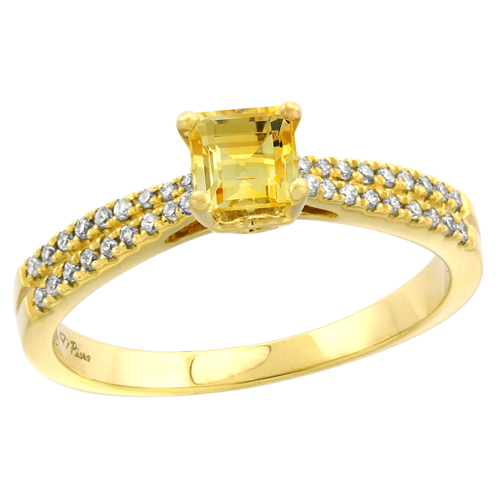 14k Yellow Gold Diamond Genuine Citrine Engagement Ring Princess cut 5x5mm, size 5-10