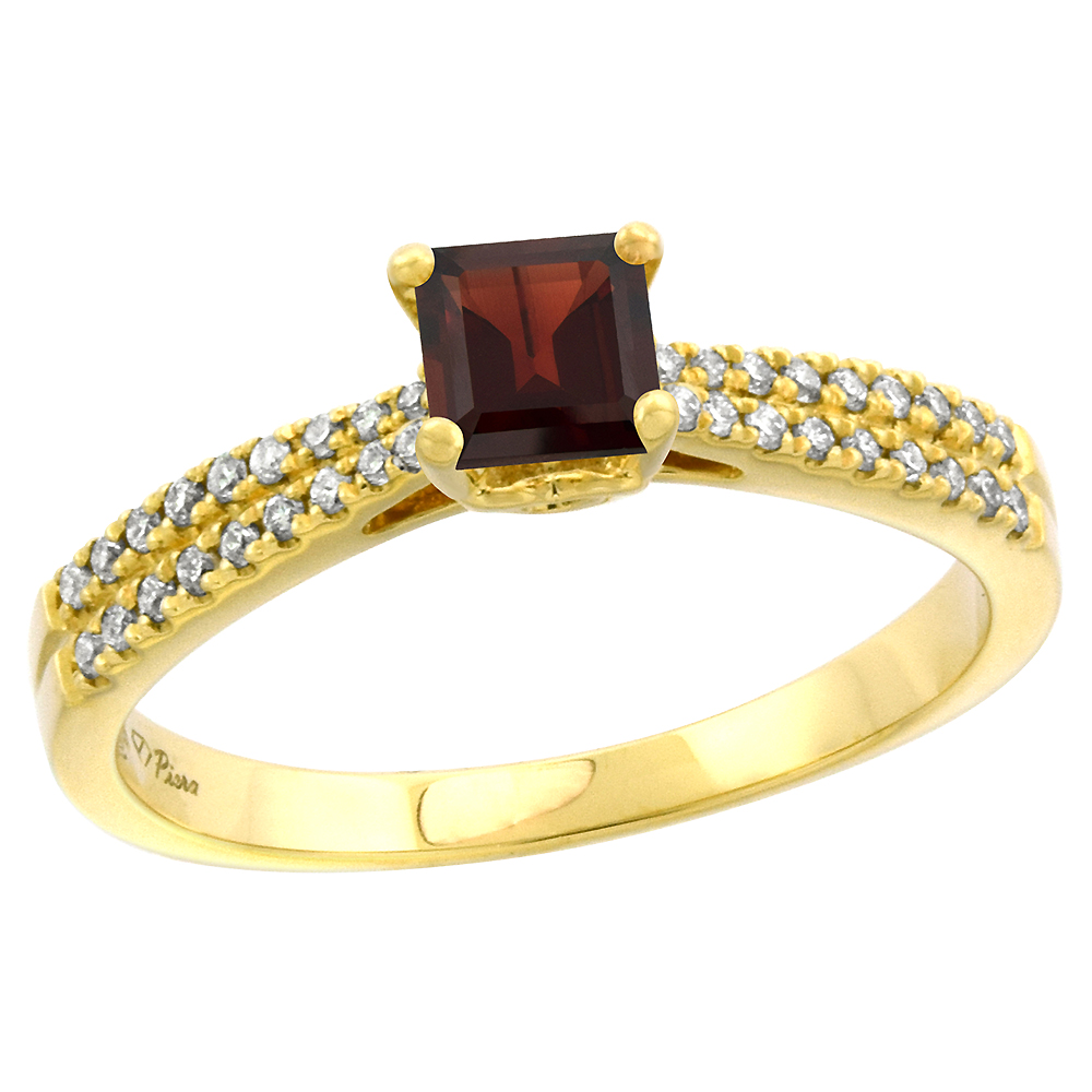 14k Yellow Gold Diamond Genuine Garnet Engagement Ring Princess cut 5x5mm, size 5-10