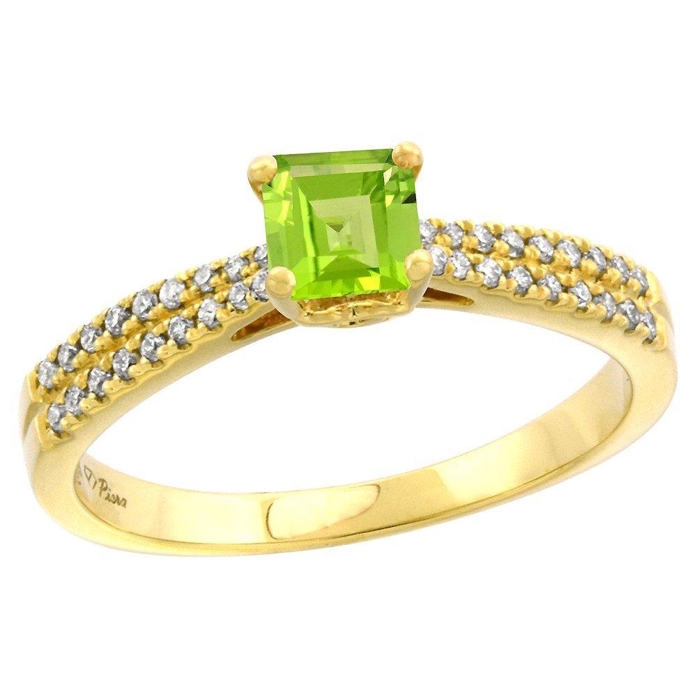 14k Yellow Gold Diamond Genuine Peridot Engagement Ring Princess cut 5x5mm, size 5-10