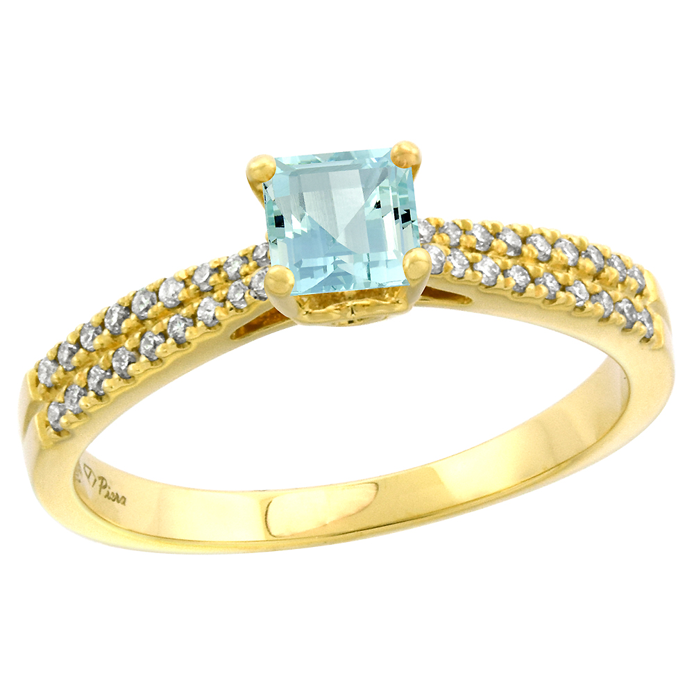 14k Yellow Gold Diamond Genuine Aquamarine Engagement Ring Princess cut 5x5mm, size 5-10