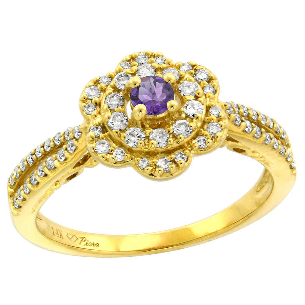 14K Yellow Gold Genuine Diamond & Amethyst Flower Halo Engagement Ring Round Brilliant cut 3mm, size 5-10