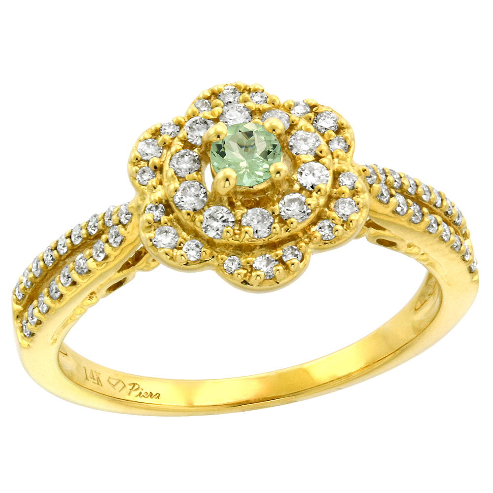 14K Yellow Gold Diamond & Green Amethyst Flower Halo Engagement Ring Round Brilliant cut 3mm, size 5-10