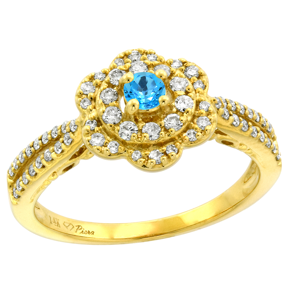 14K Yellow Gold Diamond & Swiss Blue Topaz Flower Halo Engagement Ring Round Brilliant cut 3mm, size 5-10