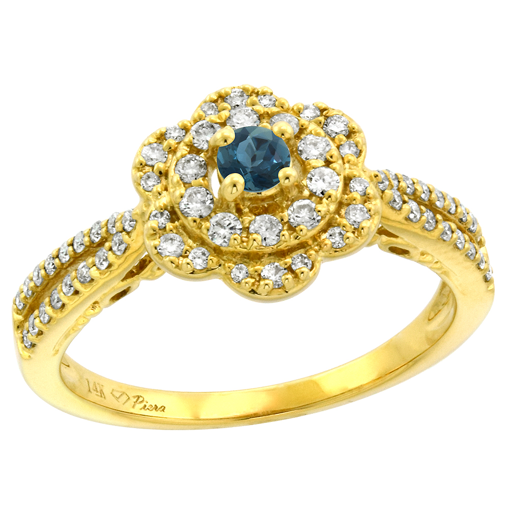 14K Yellow Gold Diamond & London Blue Topaz Flower Halo Engagement Ring Round Brilliant cut 3mm, size 5-10