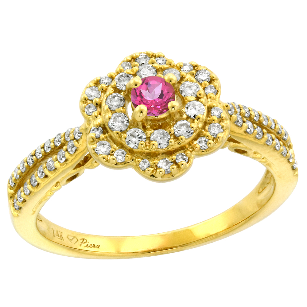 14K Yellow Gold Genuine Diamond & Pink Topaz Flower Halo Engagement Ring Round Brilliant cut 3mm, size5-10