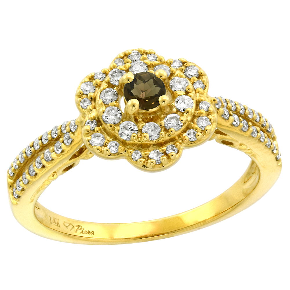 14K Yellow Gold Genuine Diamond & Smoky Topaz Flower Halo Engagement Ring Round Brilliant cut 3mm,size5-10