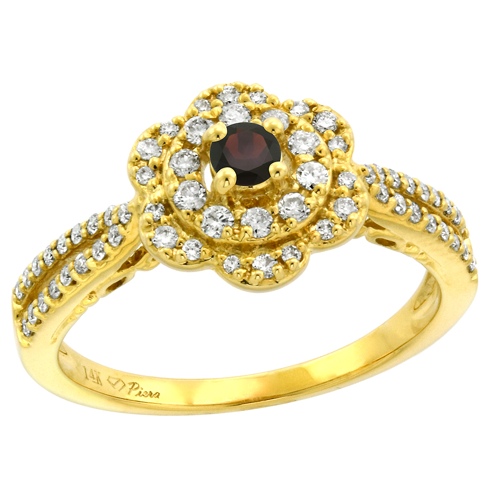 14K Yellow Gold Genuine Diamond & Garnet Flower Halo Engagement Ring Round Brilliant cut 3mm, size 5-10