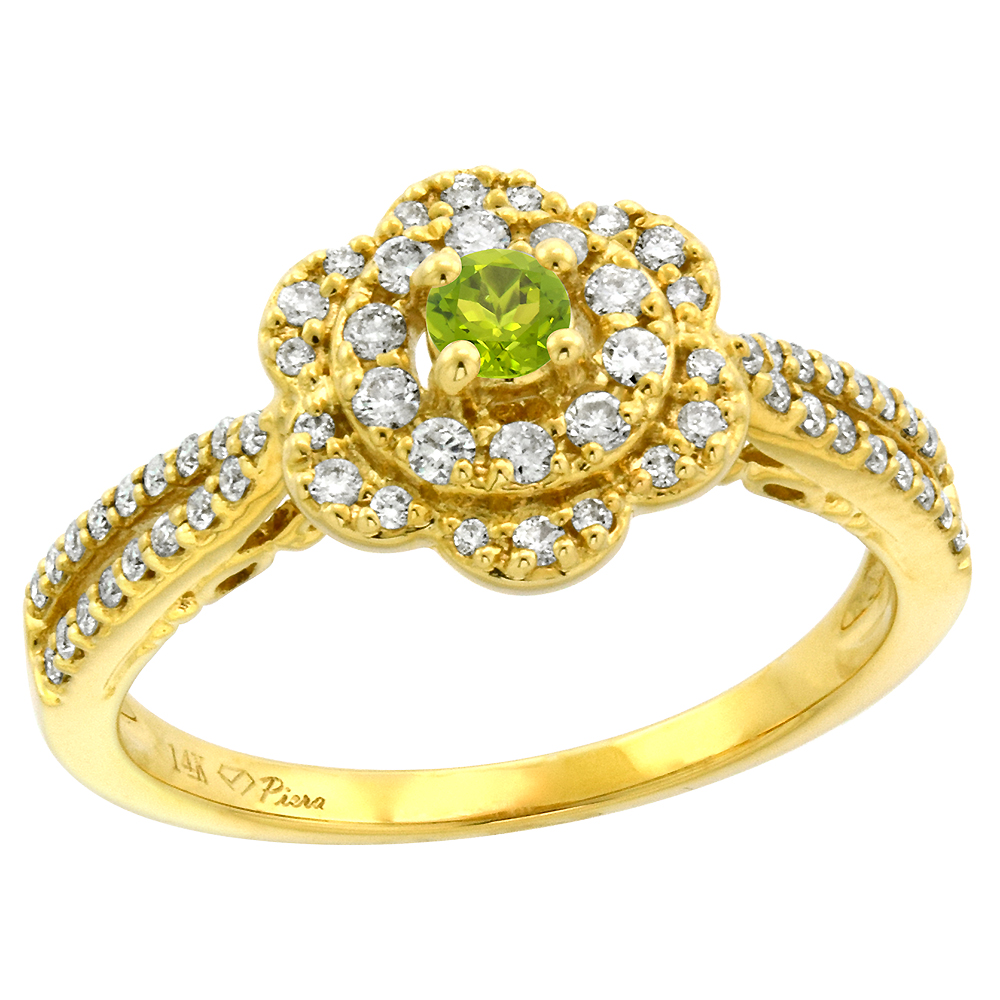 14K Yellow Gold Genuine Diamond & Peridot Flower Halo Engagement Ring Round Brilliant cut 3mm, size 5-10