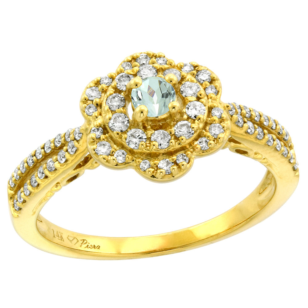 14K Yellow Gold Genuine Diamond & Aquamarine Flower Halo Engagement Ring Round Brilliant cut 3mm, size5-10