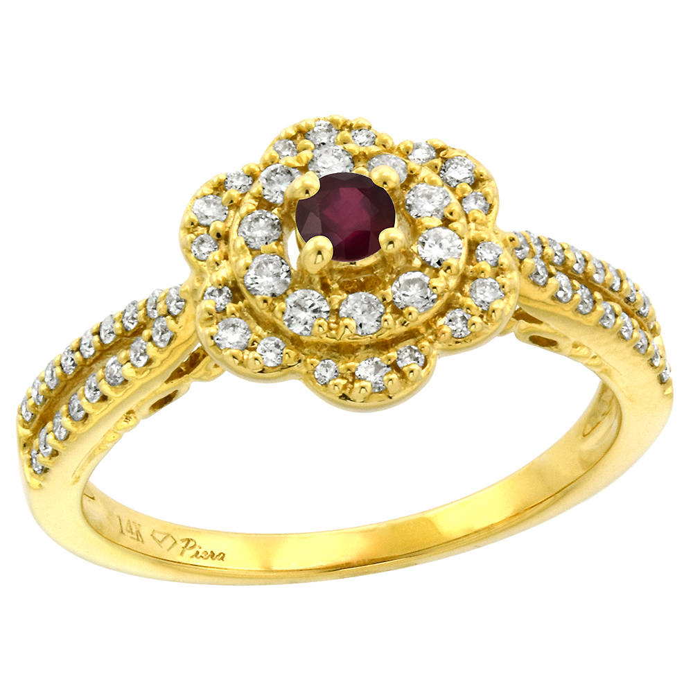 14K Yellow Gold Diamond & Enhanced Real Ruby Flower Halo Engagement Ring Round Brilliant cut 3mm, size5-10