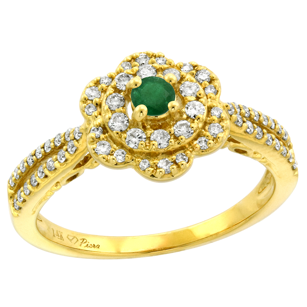 14K Yellow Gold Genuine Diamond & Emerald Flower Halo Engagement Ring Round Brilliant cut 3mm, size 5-10