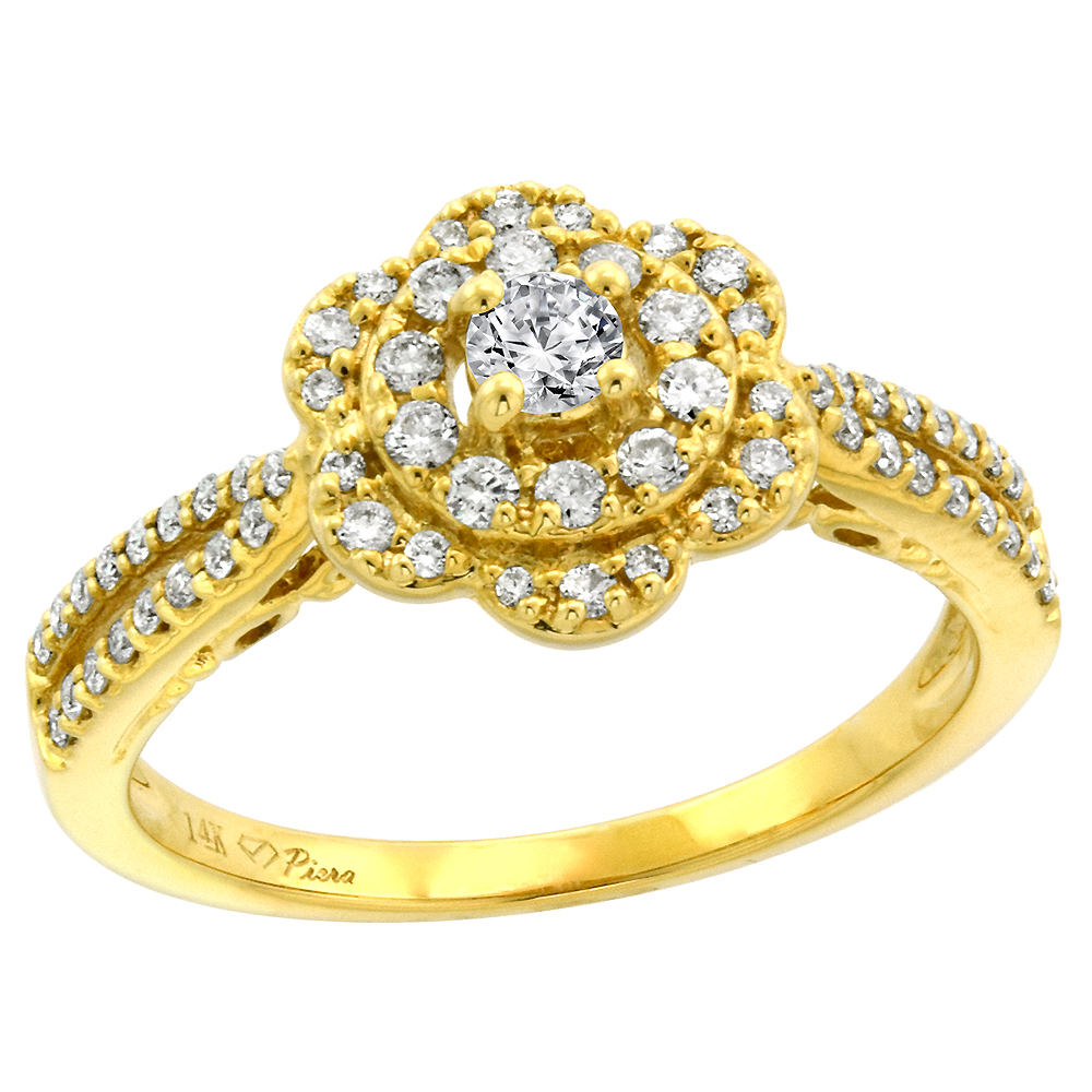 14K Yellow Gold Genuine Diamond Flower Halo Engagement Ring 0.48 cttw Round Brilliant cut 3mm, size 5-10