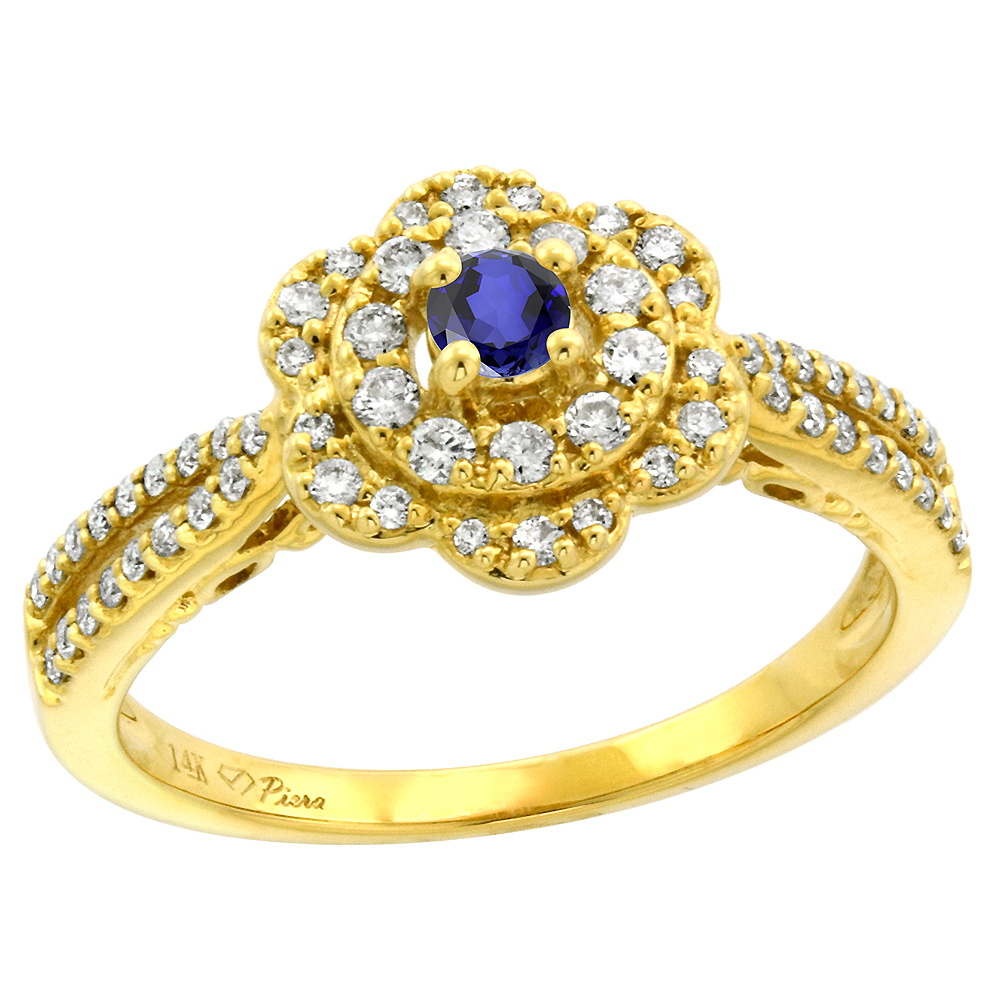14K Yellow Gold Genuine Diamond & Tanzanite Flower Halo Engagement Ring Round Brilliant cut 3mm, size 5-10