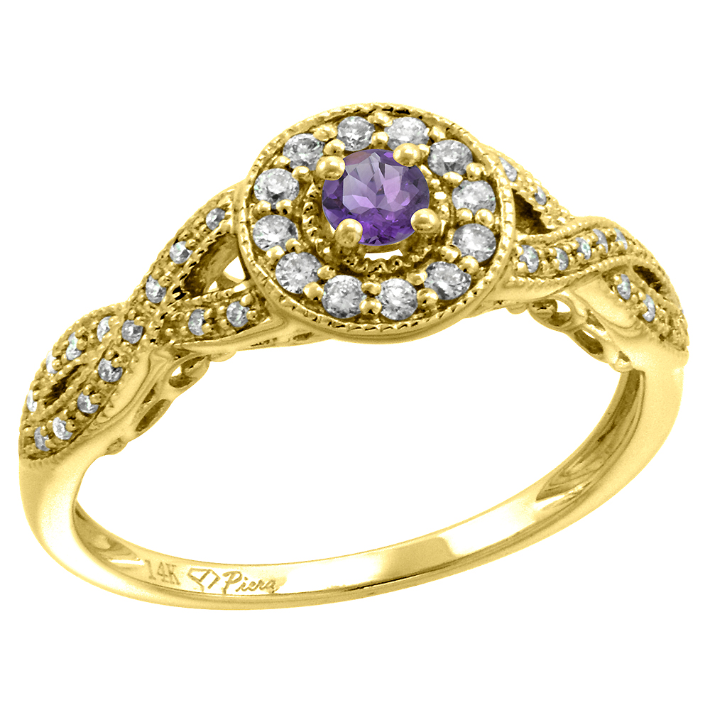 14k Yellow Gold Diamond Genuine Amethyst Halo Engagement Ring Round Brilliant cut 3mm, size 5-10