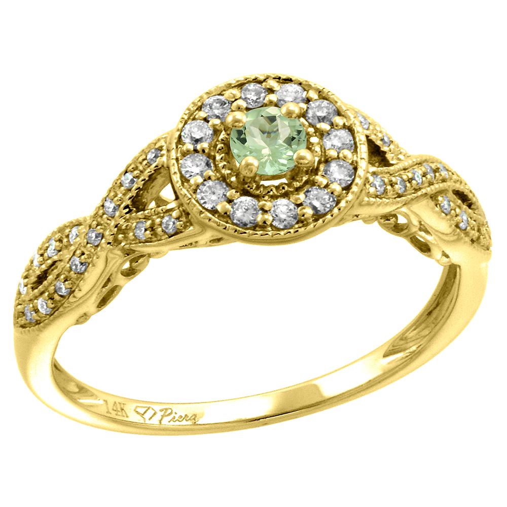 14k Yellow Gold Diamond Genuine Green Amethyst Halo Engagement Ring Round Brilliant cut 3mm, size 5-10