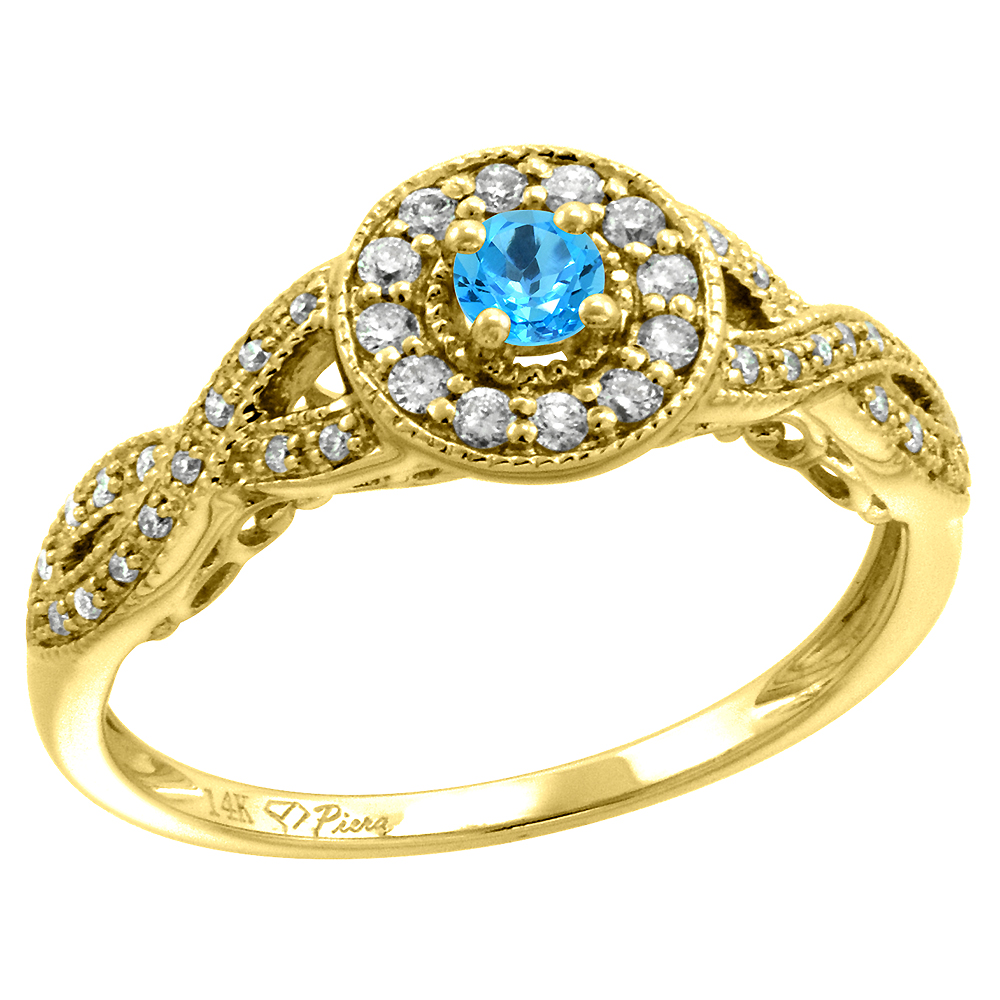 14k Yellow Gold Diamond Genuine Swiss Blue Topaz Halo Engagement Ring Round Brilliant cut 3mm, size 5-10